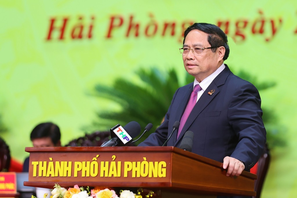 Thủ tướng Phạm Minh Chính nhấn mạnh, Hải Phòng giữ vững vai trò tiên phong, đầu tàu, sớm trở thành thành phố xã hội chủ nghĩa - Ảnh: VGP/Nhật Bắc