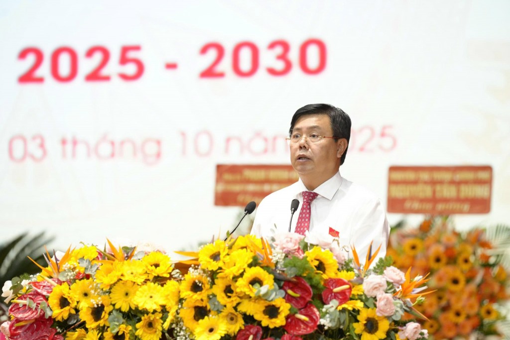 Ủy viên Ban Chấp hành Trung ương Đảng, Bí thư Tỉnh ủy An Giang Nguyễn Tiến Hải phát biểu tại phiên Đại hội trù bị