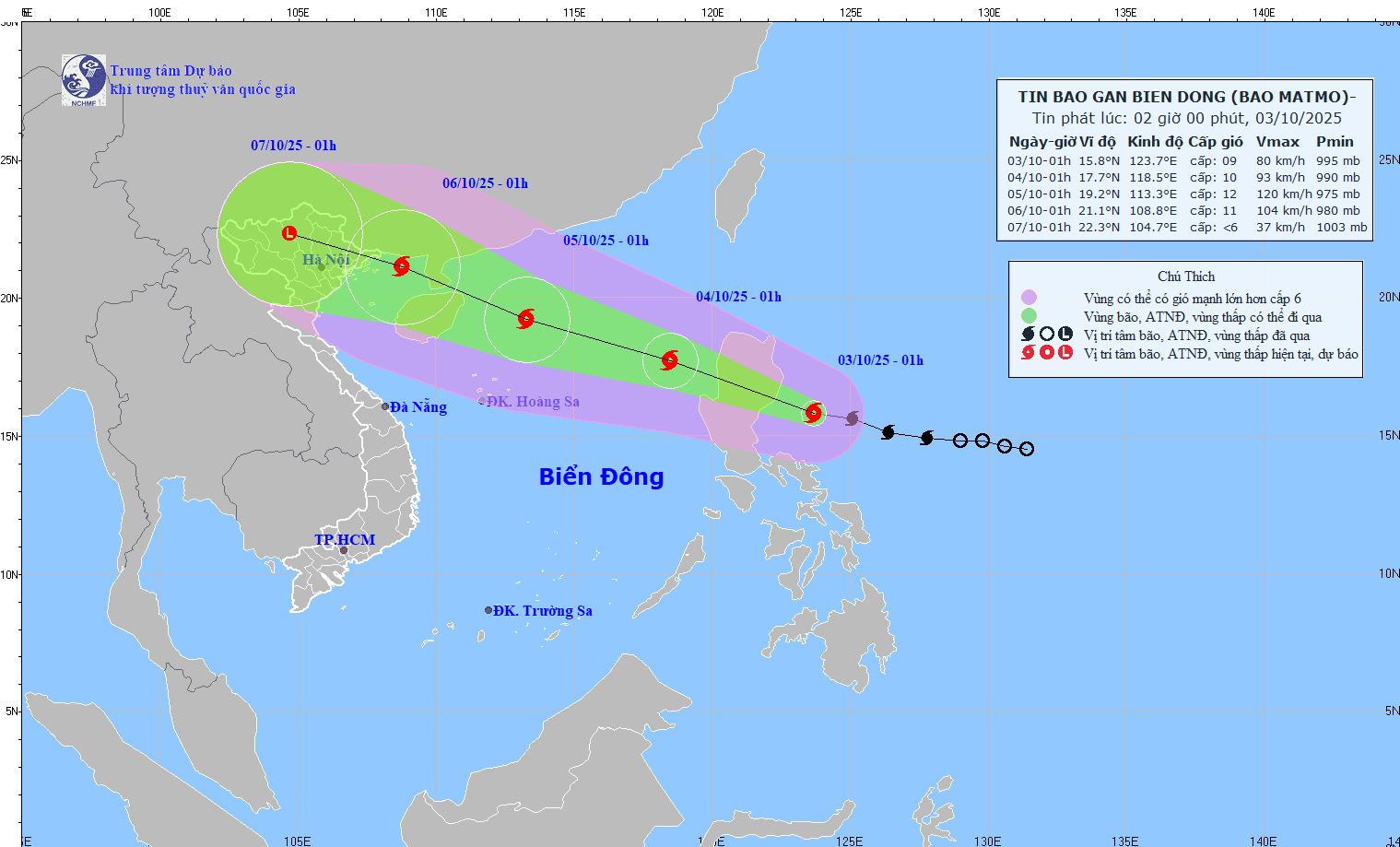 Vị trí và đường đi của bão Matmo. (Nguồn: Trung tâm Khí tượng Thủy văn Quốc gia) Vị trí và đường đi của bão Matmo. (Nguồn: Trung tâm Khí tượng Thủy văn Quốc gia)