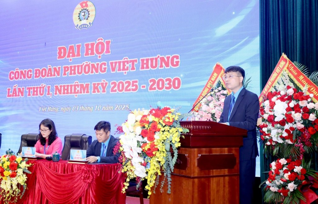 Đồng chí Vũ Hoàng Long - Phó Chủ tịch Ủy ban MTTQ Việt Nam phường Việt Hưng, Chủ tịch Công đoàn phường Việt Hưng phát biểu khai mạc Đại hội.