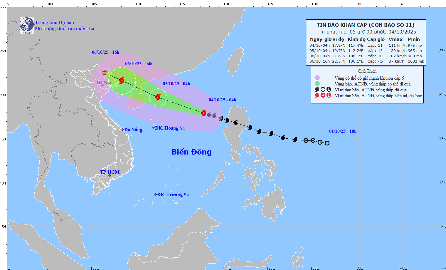Vị trí và đường đi của bão số 11. (Nguồn: Trung tâm Dự báo Khí tượng Thủy văn Quốc gia)