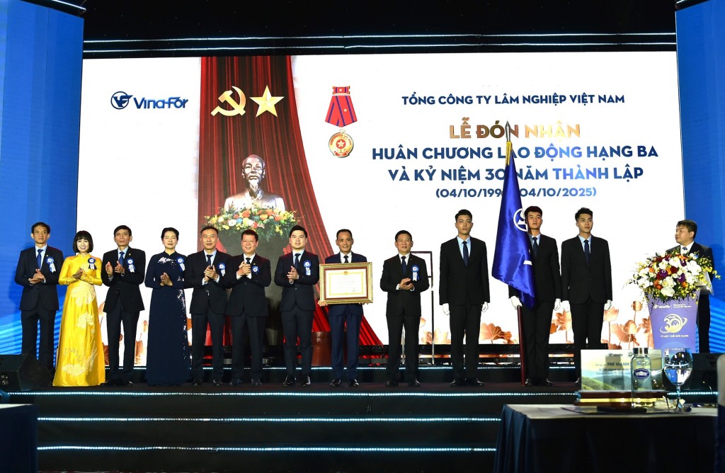 Thay mặt lãnh đạo Đảng, Nhà nước, đồng chí Hồ Đức Phớc đã trao Huân chương Lao động Hạng Ba cho VINAFOR - Ảnh: VGP/Trần Mạnh