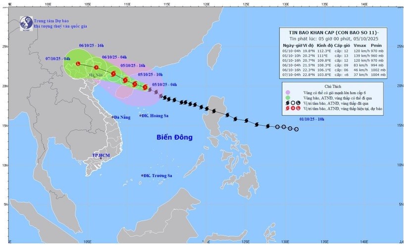 Bản đồ dự báo quỹ đạo và cường độ bão số 11 phát lúc 5 giờ sáng 5/10/2025. (Nguồn: Trung tâm Dự báo khí tượng thủy văn quốc gia)