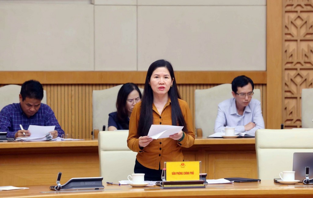 Phó Chủ nhiệm Văn phòng Chính phủ Mai Thị Thu Vân phát biểu tại cuộc họp - Ảnh: VGP/Nguyễn Hoàng