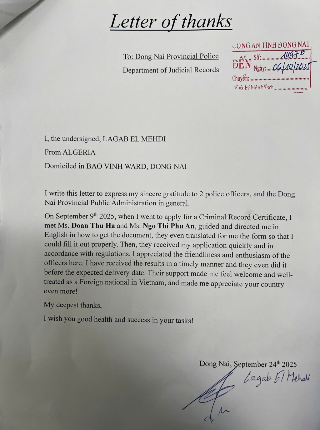 Thư cảm ơn của du khách
