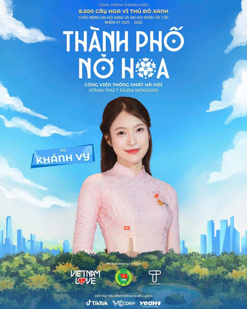 MC Khánh Vy – gương mặt quen thuộc với khán giả trẻ, sẽ dẫn chương trình Lễ khởi động “Thành phố nở hoa” diễn ra sáng 18/10 tại Công viên Thống Nhất.