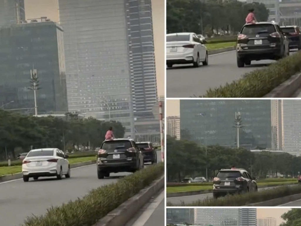 Hình ảnh cháu bé ngồi trên nóc xe ô tô được đưa lên mạng xã hội khiến dư luận xôn xao 