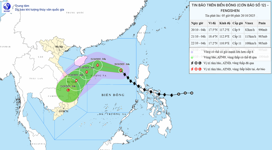 Hướng di chuyển của bão số 12 lúc 5h sáng ngày 20/10. (Nguồn: Trung tâm dự báo khí tượng thủy văn Quốc gia)