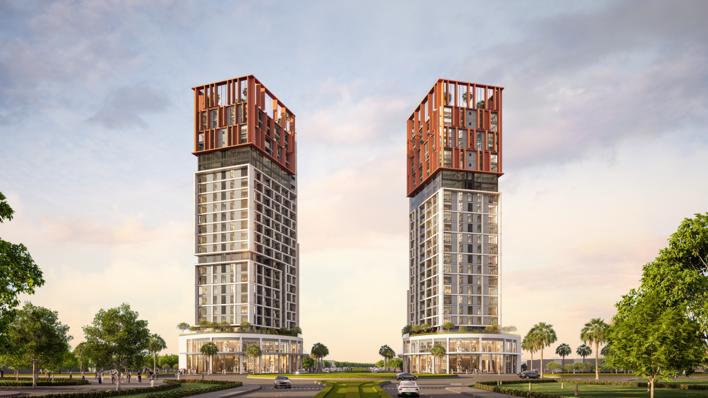 Kiến trúc tòa tháp mang hình tượng “Song lân chầu nhật”. (Ảnh phối cảnh: Sun Property)