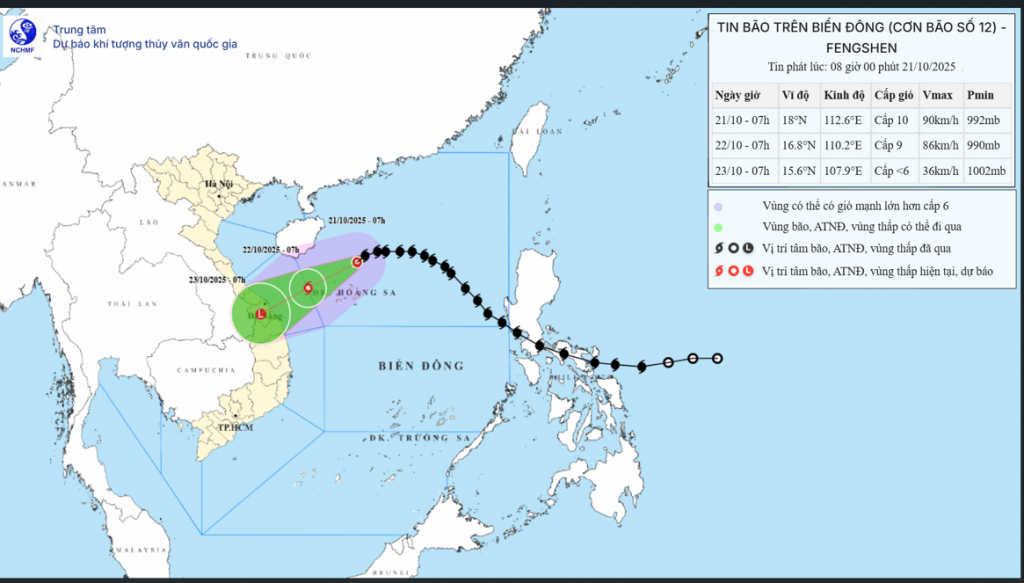 Vị trí và đường đi của bão số 12. (Nguồn: Trung tâm Dự báo Khí tượng Thủy văn Quốc gia)