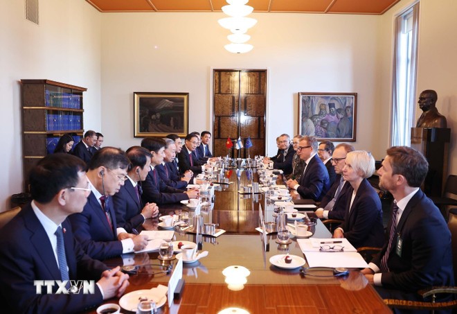 Tổng Bí thư Tô Lâm hội kiến Thủ tướng Phần Lan Petteri Orpo. (Ảnh: Thống Nhất/TTXVN) Tổng Bí thư Tô Lâm hội kiến Thủ tướng Phần Lan Petteri Orpo. (Ảnh: Thống Nhất/TTXVN)