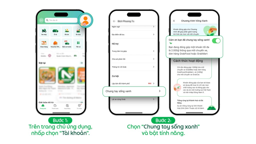 Hướng dẫn lựa chọn tính năng Chương trình Vững-Xanh trên ứng dụng Grab - Cách 1 Hướng dẫn lựa chọn tính năng Chương trình Vững-Xanh trên ứng dụng Grab - Cách 1