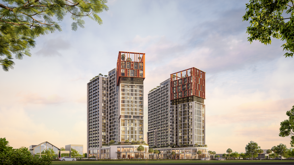 Tổ hợp căn hộ Cora Tower khoác lên thiết kế ấn tượng cùng hệ tiện ích hiện đại. (Ảnh phối cảnh: Sun Property)