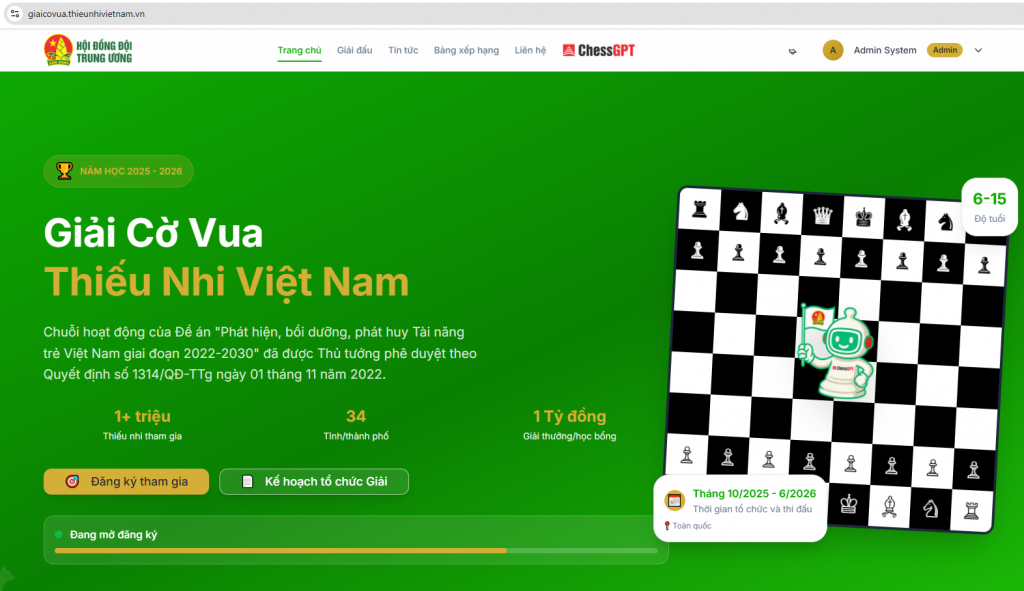 Giao diện và địa chỉ website duy nhất nhận đăng ký dự Giải cờ vua thiếu nhi Việt Nam năm học 2025-2026 tại giaicovua.thieunhivietnam.vn - Ảnh: ChessGPT