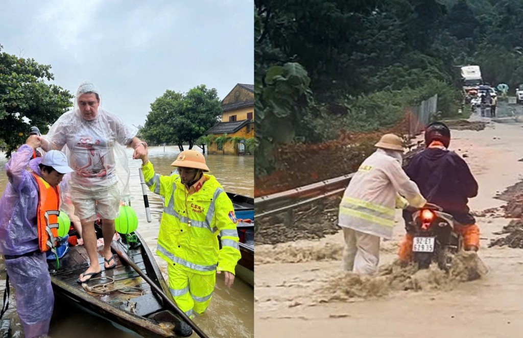Lực lượng CSGT kịp thời hỗ trợ người dân và nhắc nhở đảm bảo an toàn tuyệt đối khi băng qua các điểm ngập úng, chia cắt giao thông do mưa lũ. (Ảnh: C.A Đà Nẵng) Lực lượng CSGT kịp thời hỗ trợ người dân và nhắc nhở đảm bảo an toàn tuyệt đối khi băng qua các điểm ngập úng, chia cắt giao thông do mưa lũ. (Ảnh: C.A Đà Nẵng)
