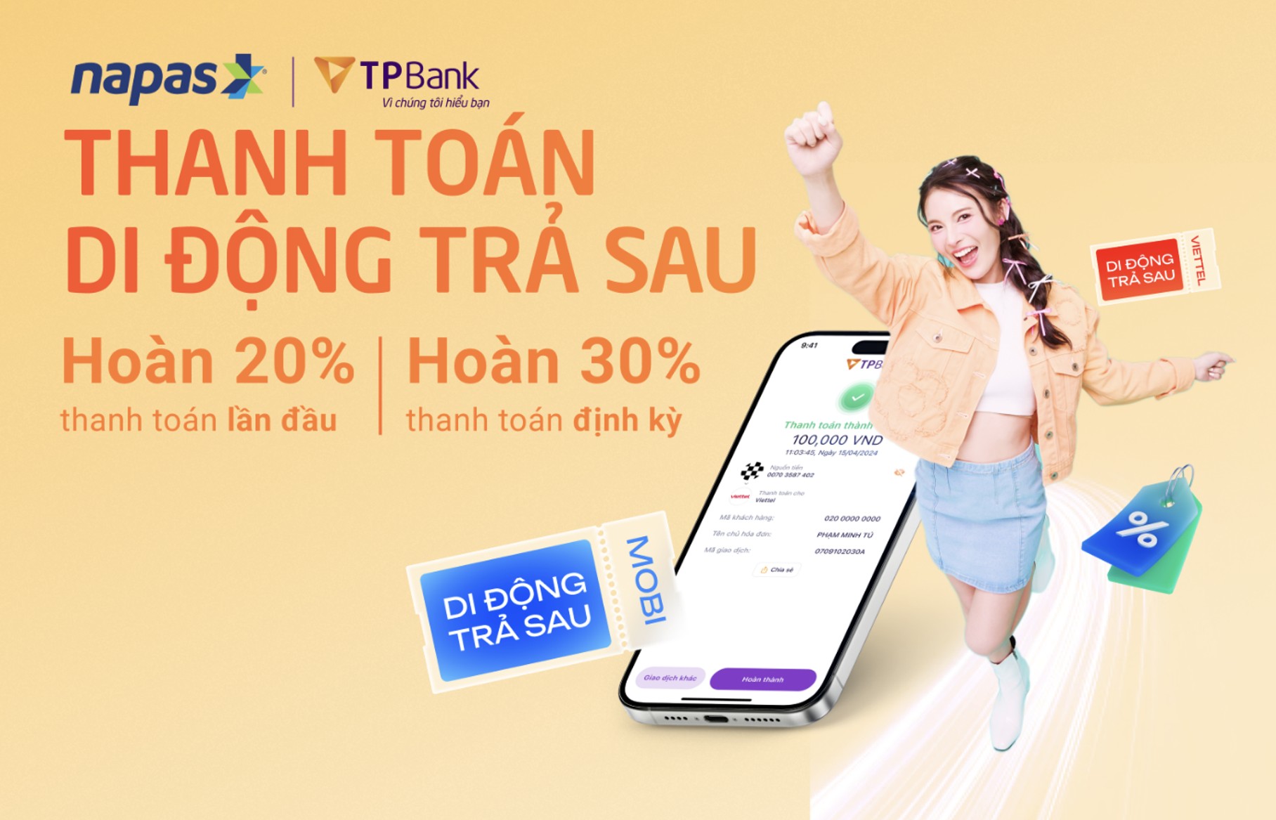 Hoàn tới 30% khi thanh toán hóa đơn điện thoại trả sau cùng NAPAS và TPBank