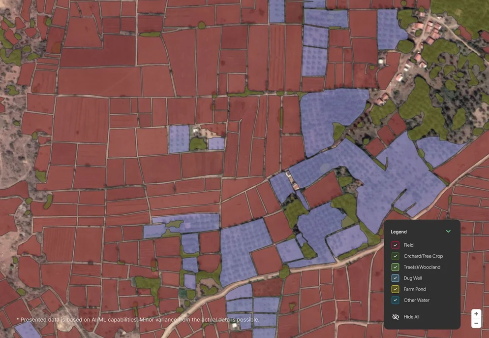 Bản đồ minh họa dữ liệu từ ALU API của Google_ AI phân tích ảnh vệ tinh để xác định ranh giới thửa ruộng, vườn cây, ao hồ và khu vực cây gỗ, giúp hệ thống hóa thông tin cảnh quan nông nghiệp_