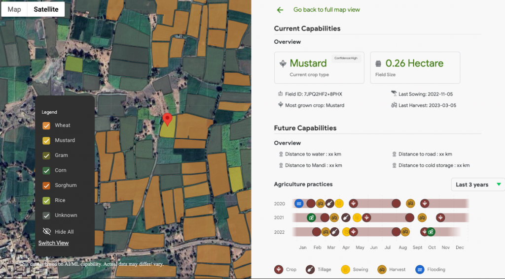 Hình ảnh minh họa giao diện dữ liệu của AMED API_ Bản đồ vệ tinh thể hiện các loại cây trồng khác nhau (lúa mì, cải, ngô…) được nhận diện tự động bằng AI, cùng thông tin chi tiết về từng thửa ruộng như diện tích và lịch sử gieo trồng - thu hoạch_