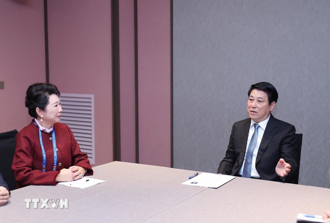 Chủ tịch nước Lương Cường tiếp Tiến sỹ Lý Lợi, Người sáng lập Tập đoàn MEBO. (Ảnh: Lâm Khánh/TTXVN)