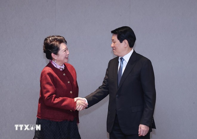 Chủ tịch nước Lương Cường tiếp Tiến sỹ Lý Lợi, Người sáng lập Tập đoàn MEBO. (Ảnh: Lâm Khánh/TTXVN)