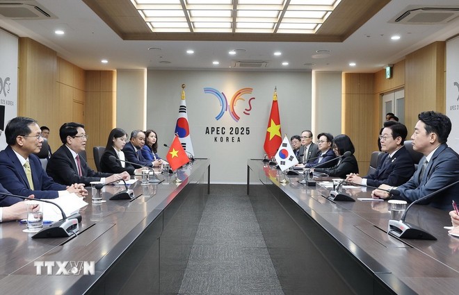 Chủ tịch nước Lương Cường hội đàm với Tổng thống Hàn Quốc Lee Jae Myung. (Ảnh: Lâm Khánh/TTXVN)