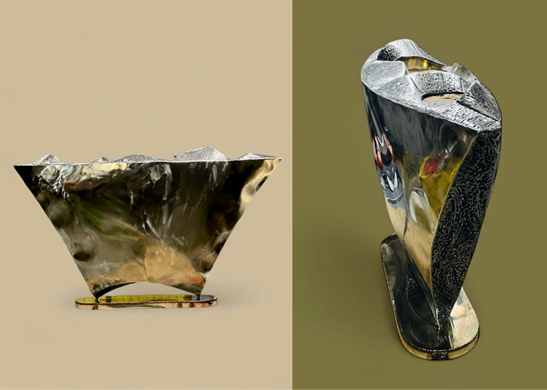 Tác phẩm: Âm thầm vang II - Giữa hai thời; Kích thước: Cao 38cm, dài 84cm, rộng 20cm; Chất liệu: Thép không rỉ  và đá ong; Năm sáng tác: 2025; Tác giả: Dương Đức Duy