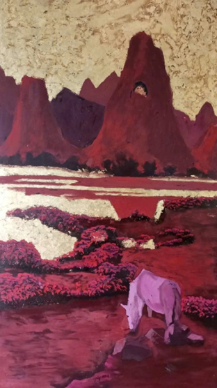 Tác phẩm: Núi Thủng; Kích thước: 57 x 107cm; Chất liệu: Sơn mài; Năm sáng tác: 2023; Tác giả: Nông Thị Thu Trang