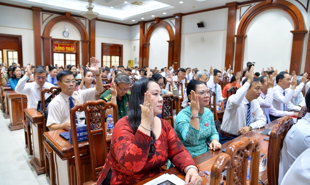 Các đại biểu HĐND tỉnh Đồng Tháp biểu quyết thông qua các nghị quyết tại kỳ họp.