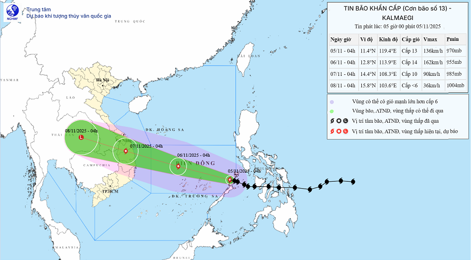 Bão Kalmaegi đã đi vào vùng biển phía Đông khu vực giữa Biển Đông