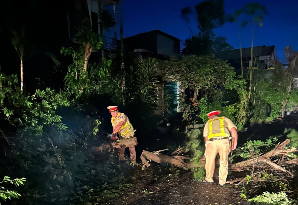 Cảnh sát giao thông Quảng Ngãi xuyên đêm dọn dẹp cây xanh gãy đổ, nhanh chóng thông tuyến quốc lộ sau bão số 13. (Ảnh: C.A Quảng Ngãi) Cảnh sát giao thông Quảng Ngãi xuyên đêm dọn dẹp cây xanh gãy đổ, nhanh chóng thông tuyến quốc lộ sau bão số 13. (Ảnh: C.A Quảng Ngãi)