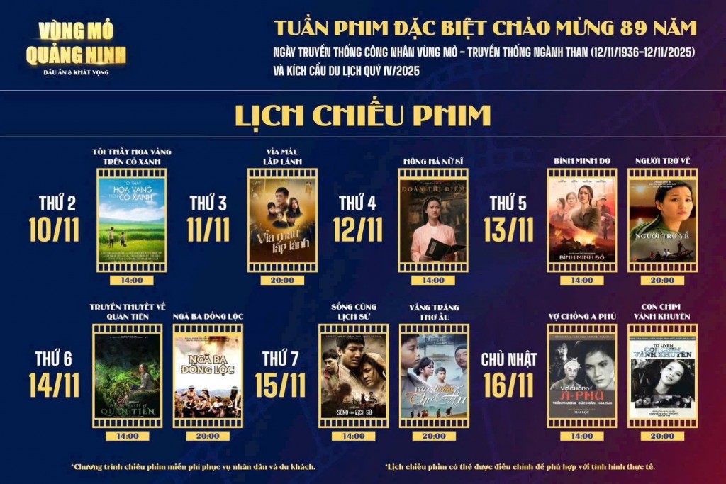 Lịch công chiếu tuần phim các ngày trong tuần sau