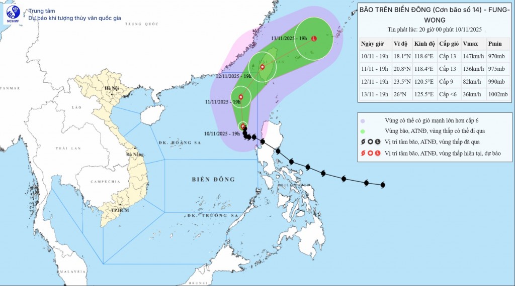 Hướng di chuyển của bão. (Nguồn: Trung tâm Dự báo Khí tượng Thủy văn Quốc gia)