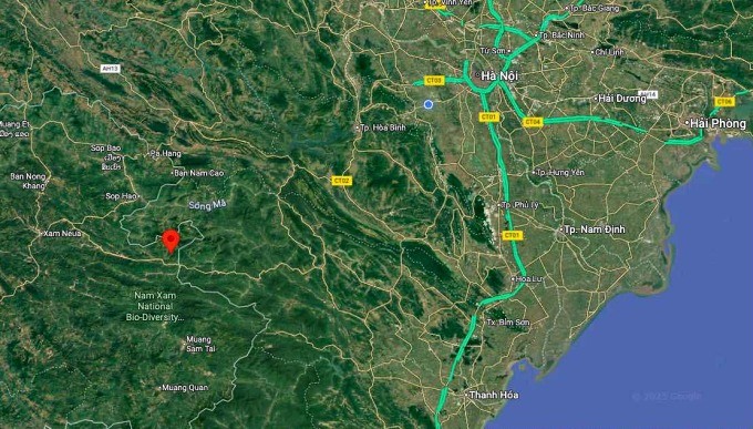 Chấm màu đỏ là vị trí động đất. Ảnh: Gmap Chấm màu đỏ là vị trí động đất. Ảnh: Gmap