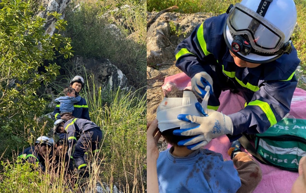 Sau khi tiếp cận, đưa được 2 cháu bé lên vị trí an toàn, lực lượng cứu hộ tiếp tục sơ cứu, chăm sóc 2 cháu bé