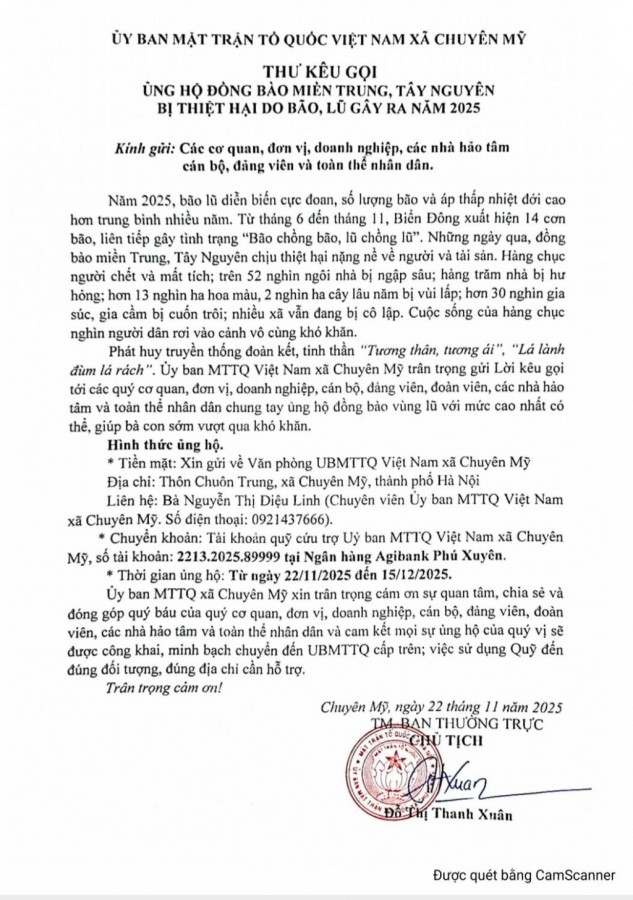 Xã Chuyên Mỹ kêu gọi chia sẻ với đồng bào miền Trung, Tây Nguyên bị ảnh hưởng bởi lũ, lụt. Ảnh: ST Xã Chuyên Mỹ kêu gọi chia sẻ với đồng bào miền Trung, Tây Nguyên bị ảnh hưởng bởi lũ, lụt. Ảnh: ST