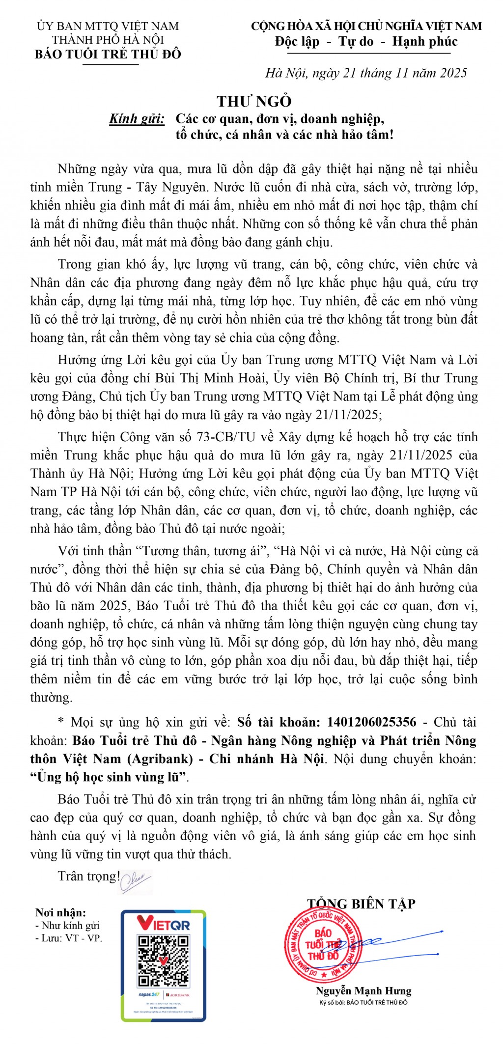 Cùng Báo Tuổi trẻ Thủ đô chung tay ủng hộ đồng bào miền Trung - Tây Nguyên khắc phục hậu quả mưa lũ