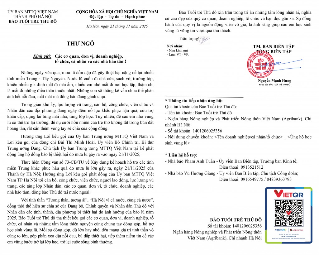 Cùng Báo Tuổi trẻ Thủ đô chung tay ủng hộ đồng bào miền Trung - Tây Nguyên khắc phục hậu quả mưa lũ