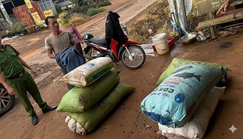 Bắt giữ Đ.T.Q về hành vi trộm cắp tài sản, thu giữ 6 bao cà phê tươi (Ảnh: CALĐ)