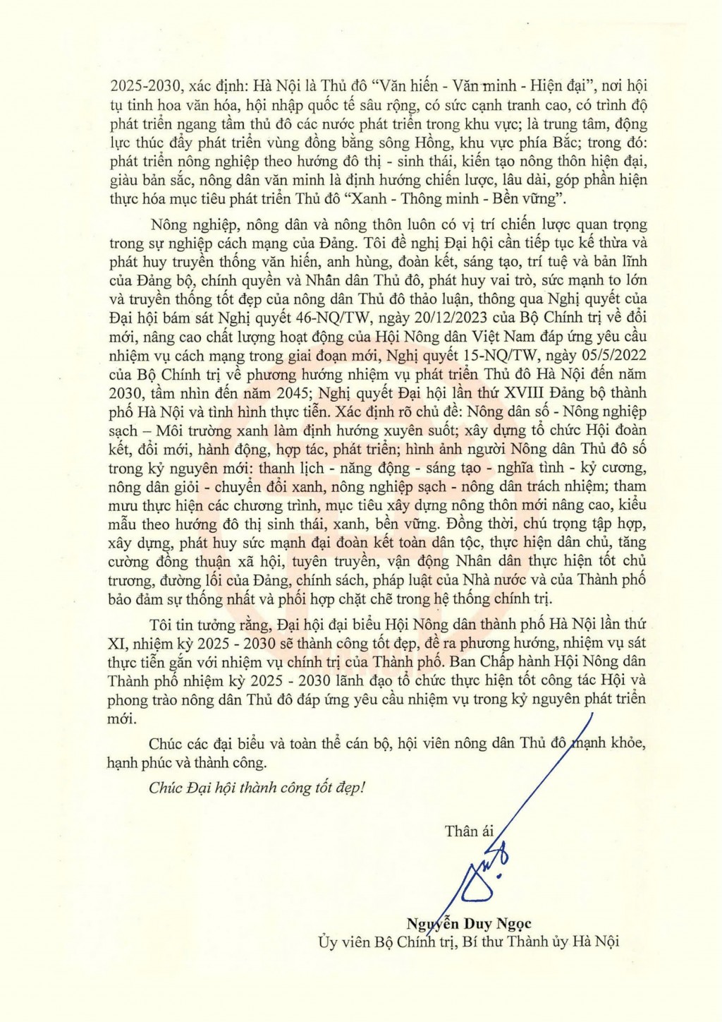 Bí thư Thành ủy Hà Nội Nguyễn Duy Ngọc gửi thư chúc mừng Đại hội đại biểu Hội Nông dân thành phố Hà Nội nhiệm kỳ 2025-2030