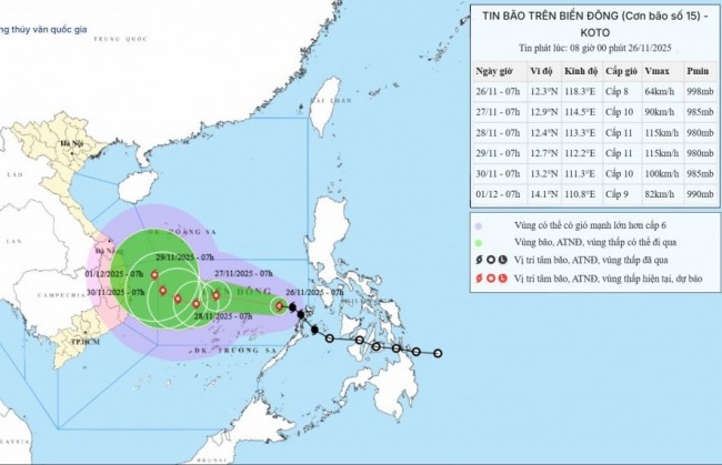 Dự báo bão số 15 sẽ tăng thêm 2 cấp trong vòng 24 giờ tới