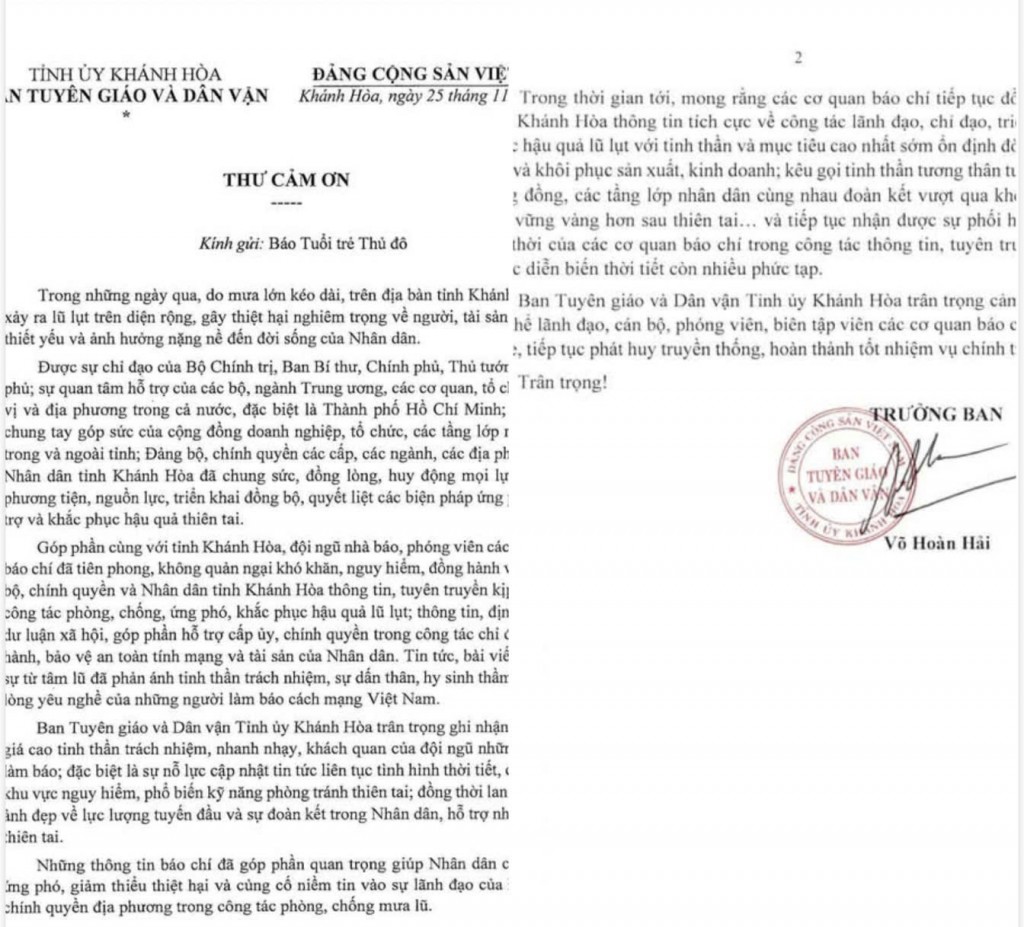 Ban Tuyên giáo – Dân vận Tỉnh ủy đã gửi thư cảm ơn Báo Tuổi trẻ Thủ đô