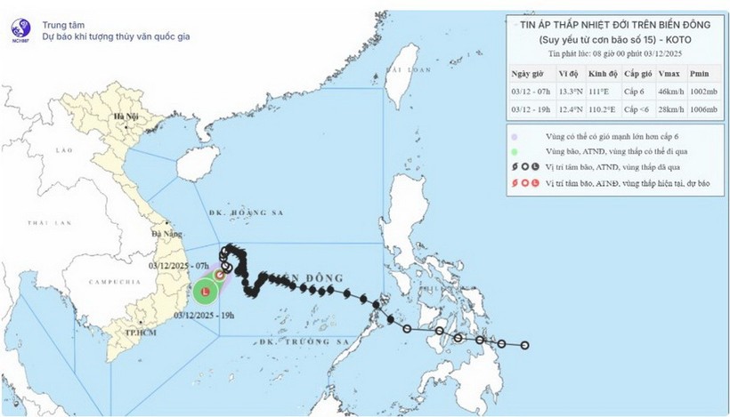 Hình ảnh vị trí và đường đi của áp thấp nhiệt đới lúc 7h sáng 3/12.