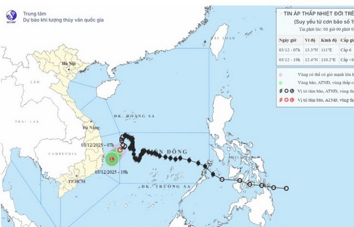 Áp thấp nhiệt đới di chuyển nhanh hướng về vùng biển Đắk Lắk-Khánh Hòa