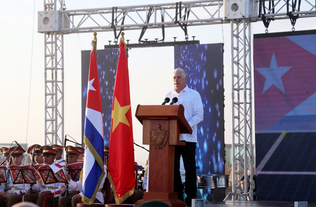 Bí thư thứ nhất, Chủ tịch nước Cuba Miguel Diaz Canel phát biểu tại lễ kỷ niệm - Ảnh: VGP/Gia Huy