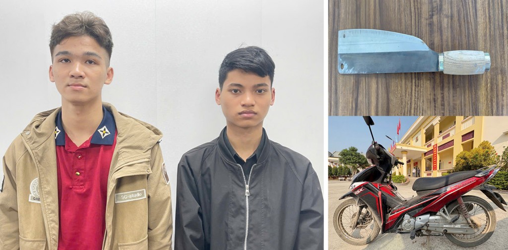 Đối tượng Trần Văn Nguyên (áo đen) và Mai Quang Anh cùng tang vật vụ cướp tài sản. Đối tượng Trần Văn Nguyên (áo đen) và Mai Quang Anh cùng tang vật vụ cướp tài sản.