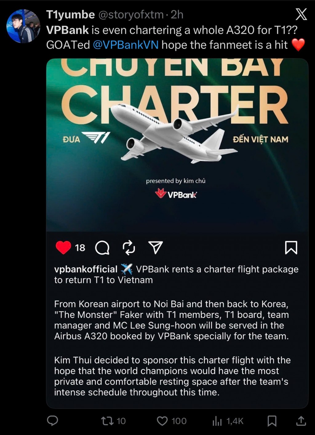 “Kim chủ” VPBank thuê chuyến bay charter đưa T1 và Faker đến Việt Nam “Kim chủ” VPBank thuê chuyến bay charter đưa T1 và Faker đến Việt Nam
