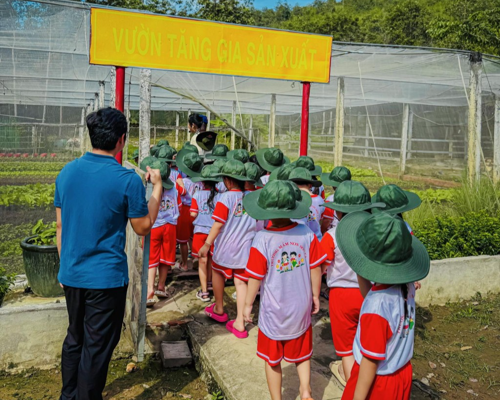 Các em tìm hiểu mô hình trồng trọt và chăn nuôi tại doanh trại Bộ đội Thông tin Núi Cậu. Các em tìm hiểu mô hình trồng trọt và chăn nuôi tại doanh trại Bộ đội Thông tin Núi Cậu.