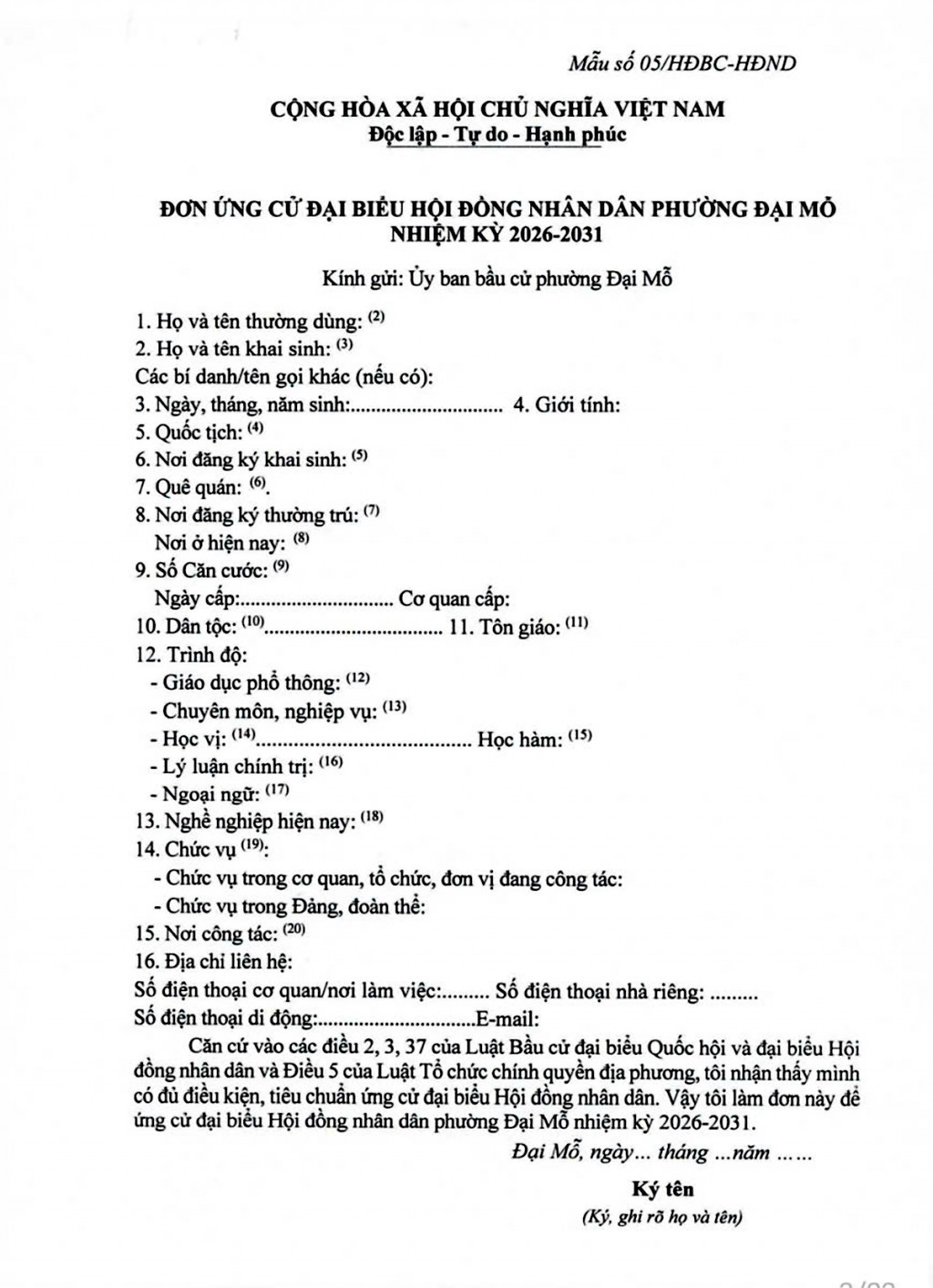 Đơn ứng cử đại biểu Hội đồng Nhân dân nhiệm kỳ 2026-2031 (theo mẫu số 05/HĐBC-HĐND)