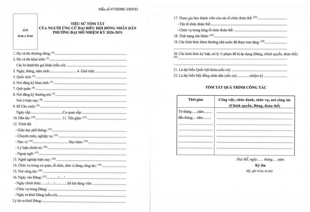 Tiểu sử tóm tắt đối với người ứng cử đại biểu Hội đồng nhân dân (theo mẫu 07/HĐBC-HĐND)