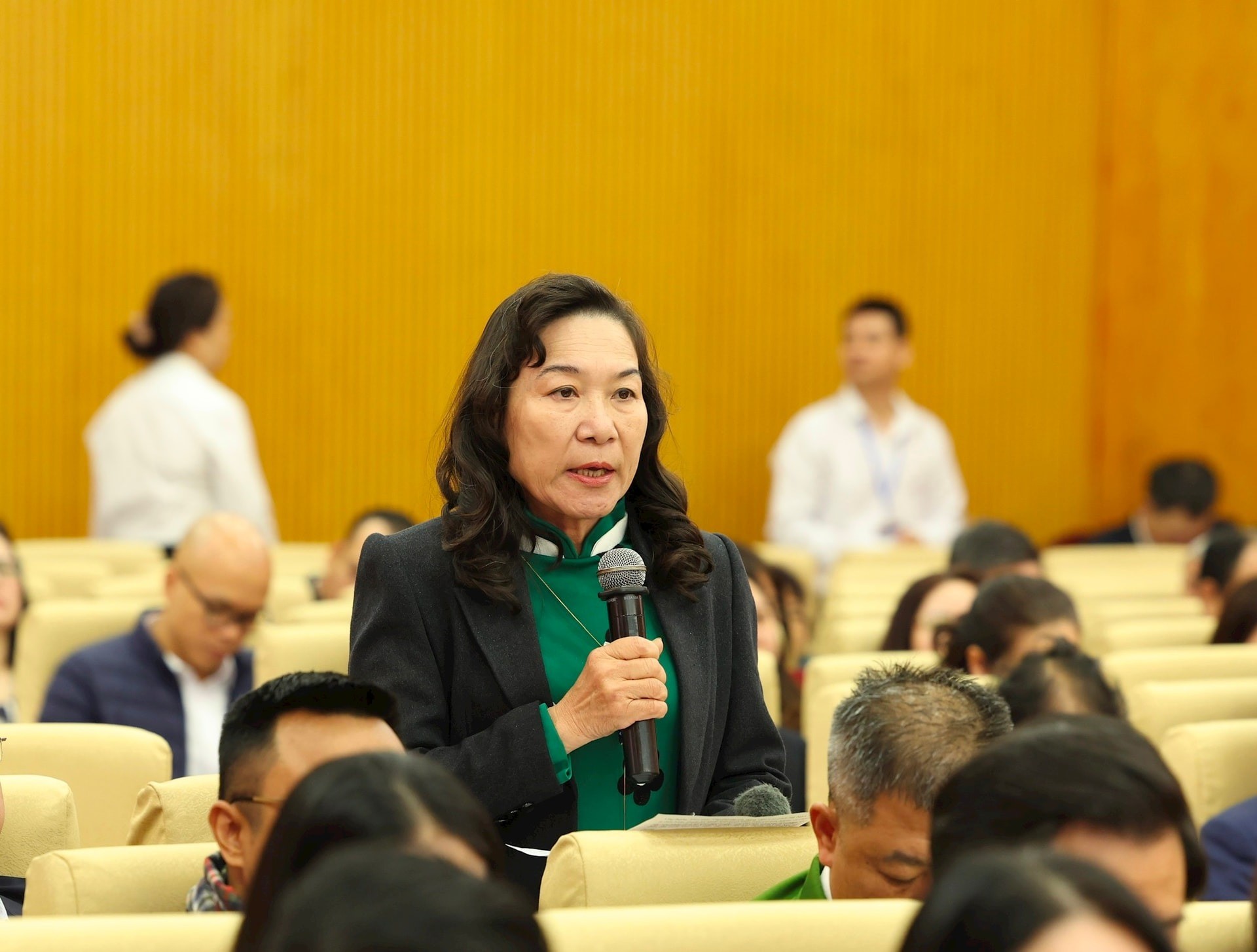 Cử tri Nguyễn Thị Ngọc Trinh (phường Bạch Mai) phát biểu. Ảnh: Viết Thành